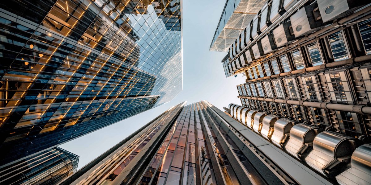 Highly detailed abstract wide angle view up towards the sky in the financial district of London City and its ultra modern contemporary buildings with unique architecture on a cloudy day. Including some iconic buildings at Lime street: Lloyd’s building, WTW (Willis Towers Watson, The Scalpel building, The Leadenhall building, The Aviva building, etc. Shot on Canon EOS R5 full frame with 10mm prime wide angle lens. Image is ideal for background with many concepts.