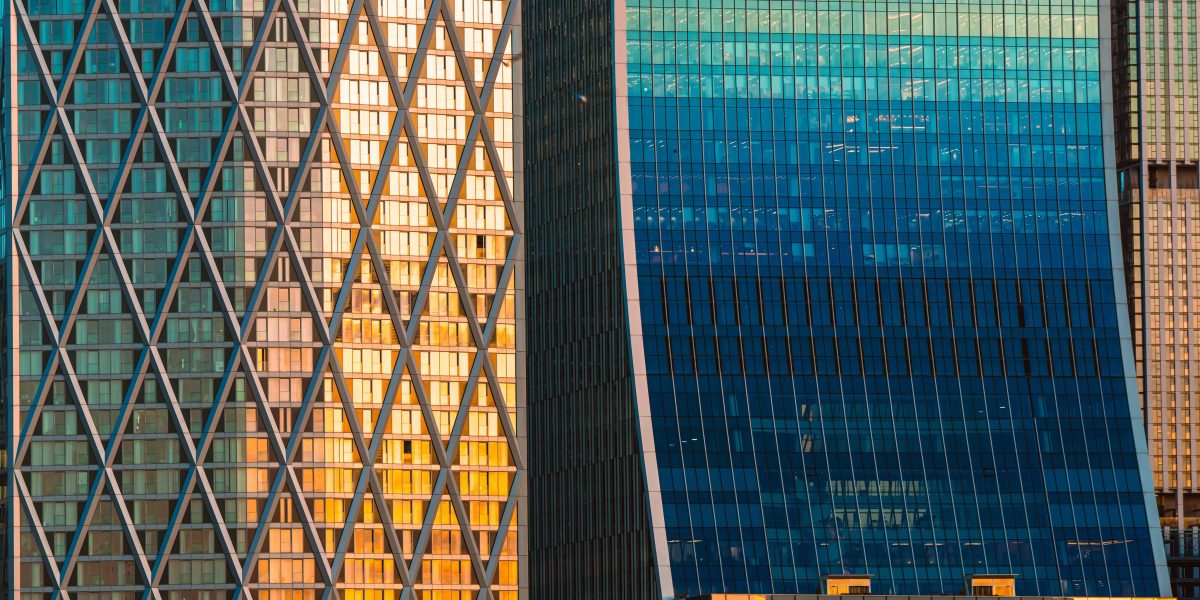 Office skyscraper Reflection in the sunlight, Canary Wharf, London